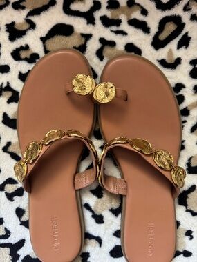 Open Edit Women’s Brown Leather Toe-Post Sandals with Gold Medallions